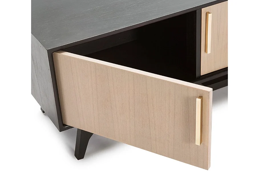 Meuble TV 3 portes bois massif clair et noir 160cm