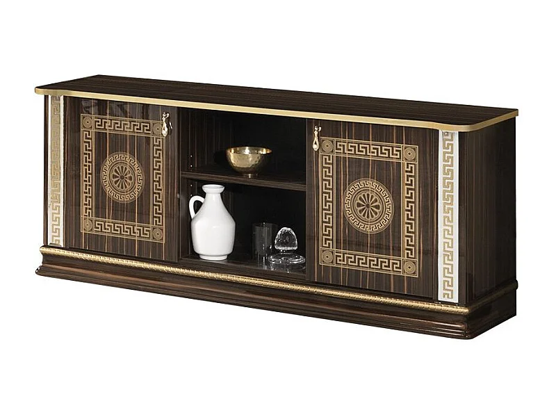 Meuble TV 2 portes 2 niches bois vernis laqué brillant marron et doré Venus 154cm