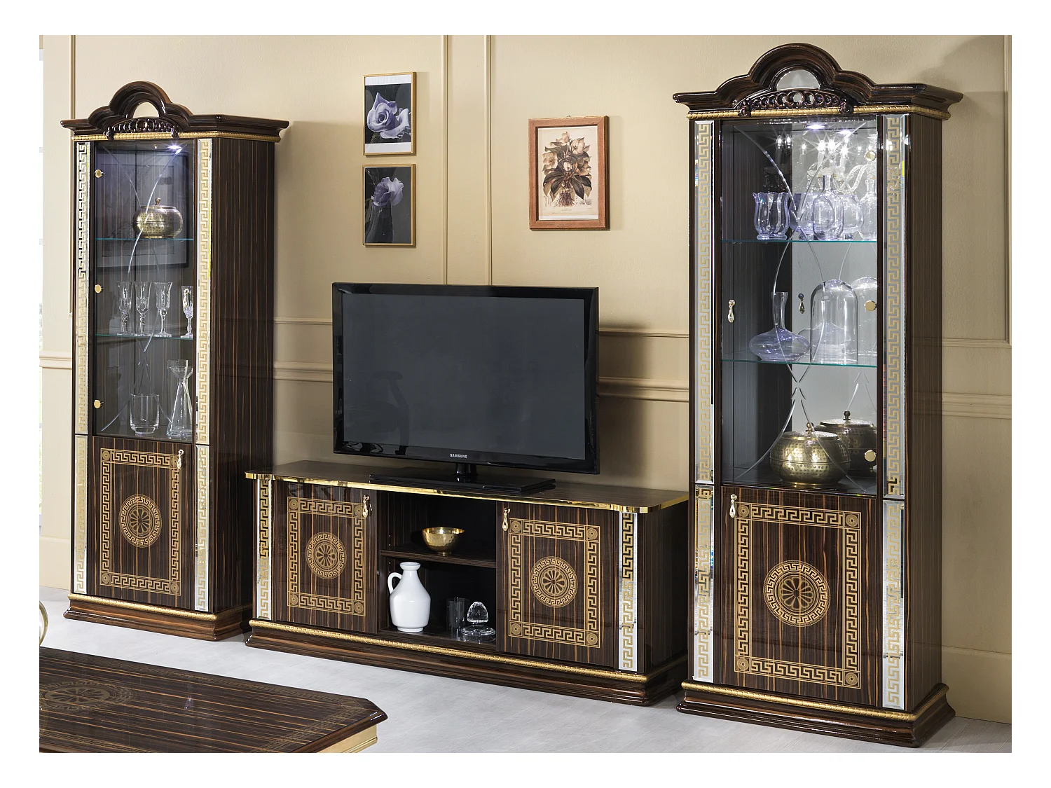 Meuble TV 2 portes 2 niches bois vernis laqué brillant marron et doré Venus 154cm