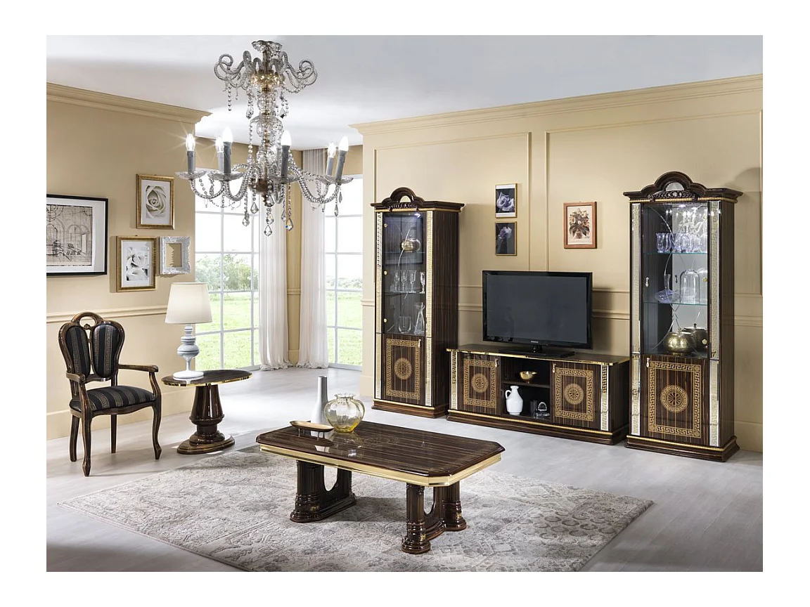 Meuble TV 2 portes 2 niches bois vernis laqué brillant marron et doré Venus 154cm