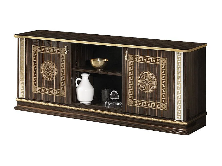 Meuble TV 2 portes 2 niches bois vernis laqué brillant marron et doré Venus 154cm