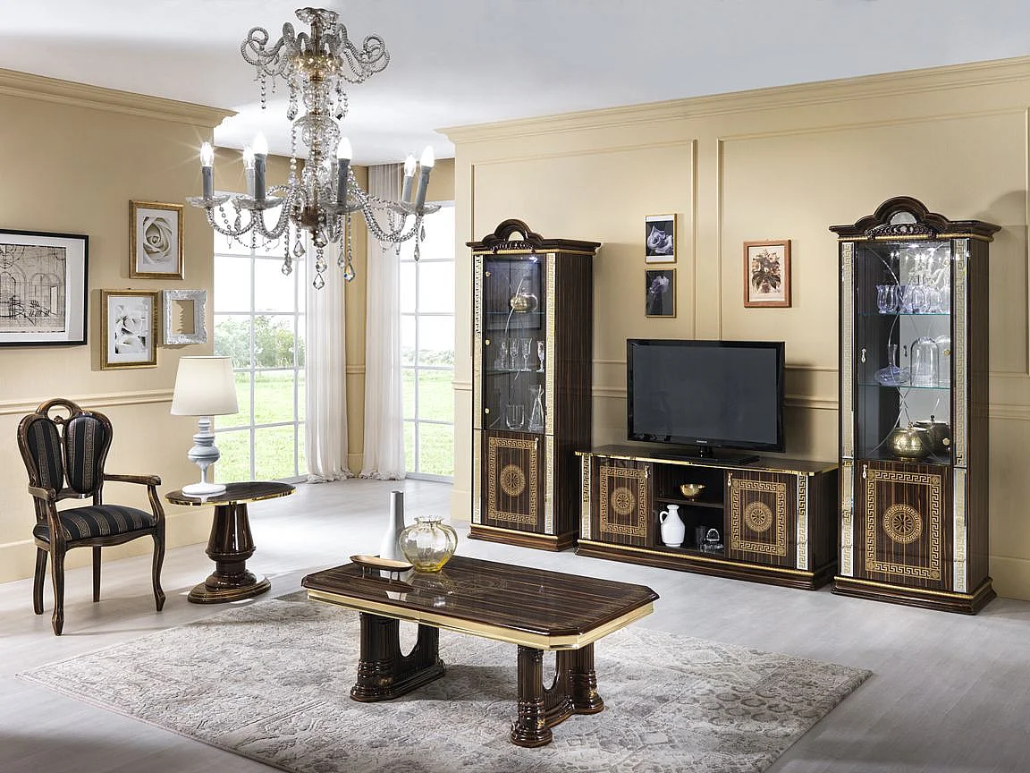 Meuble TV 2 portes 2 niches bois vernis laqué brillant marron et doré Venus 154cm