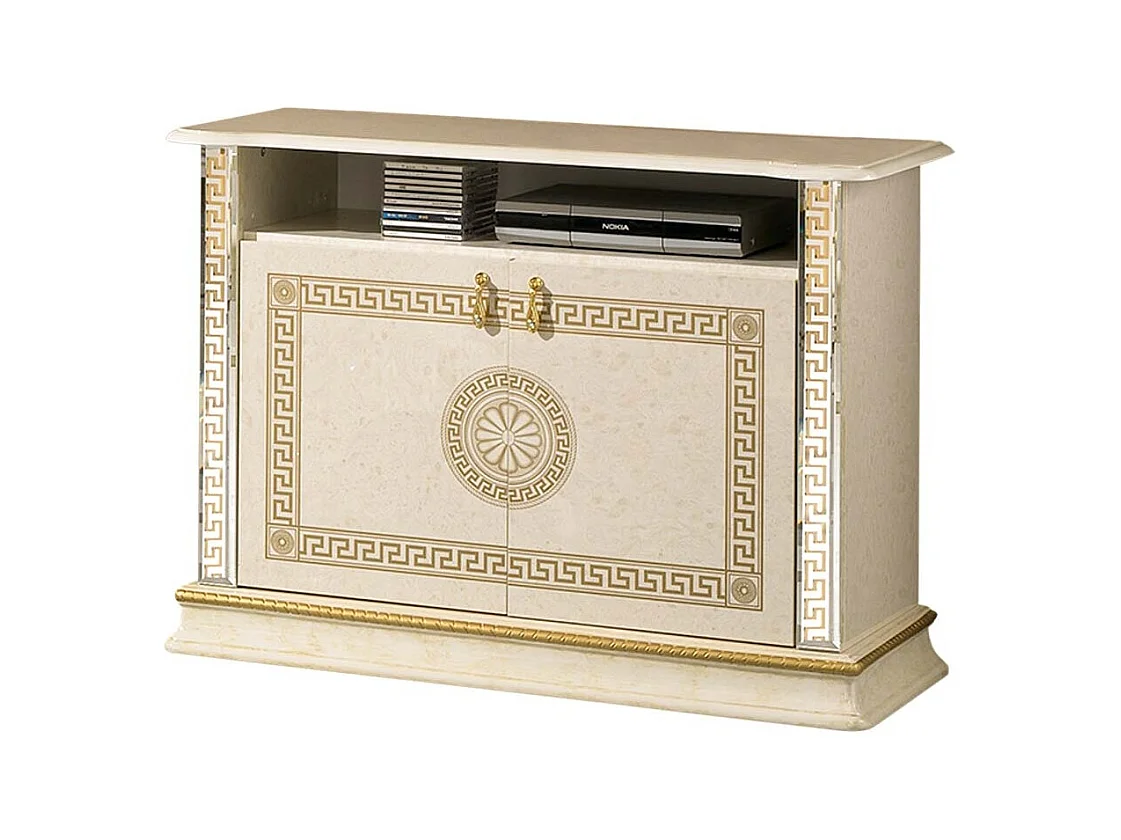 Meuble TV 2 portes 1 niche bois vernis laqué brillant beige et doré Venus 100cm