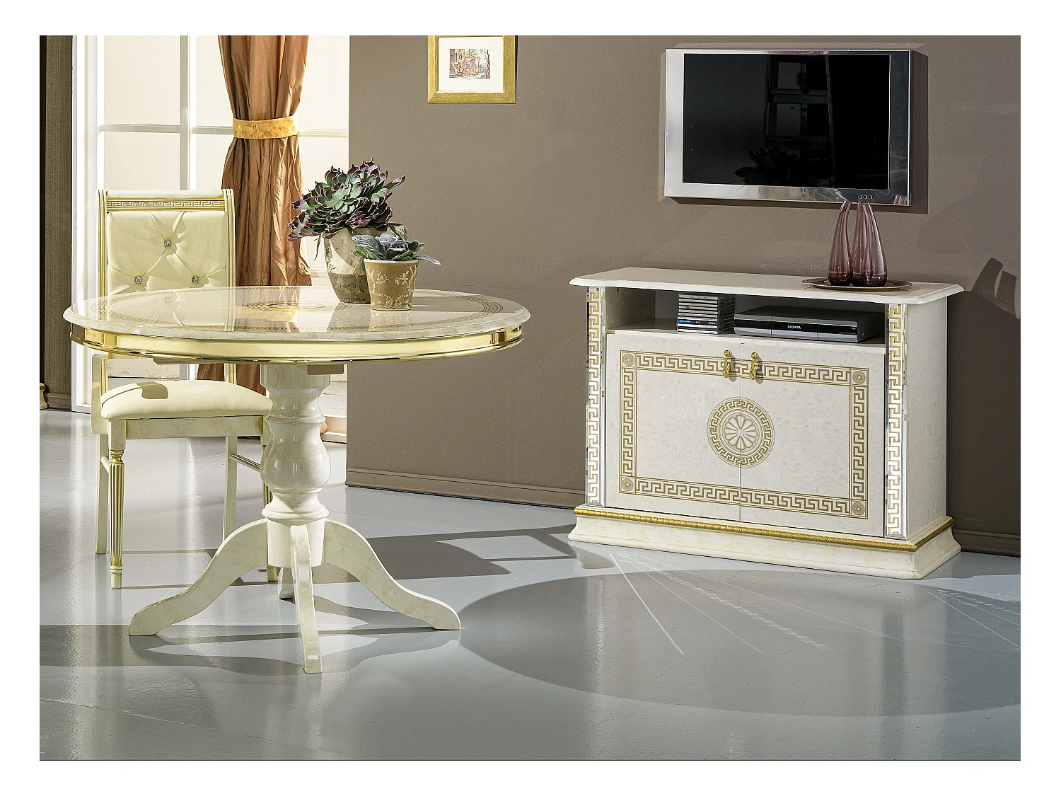 Meuble TV 2 portes 1 niche bois vernis laqué brillant beige et doré Venus 100cm