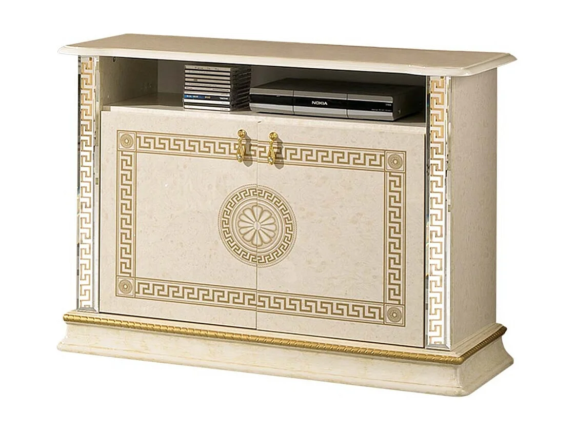 Meuble TV 2 portes 1 niche bois vernis laqué brillant beige et doré Venus 100cm