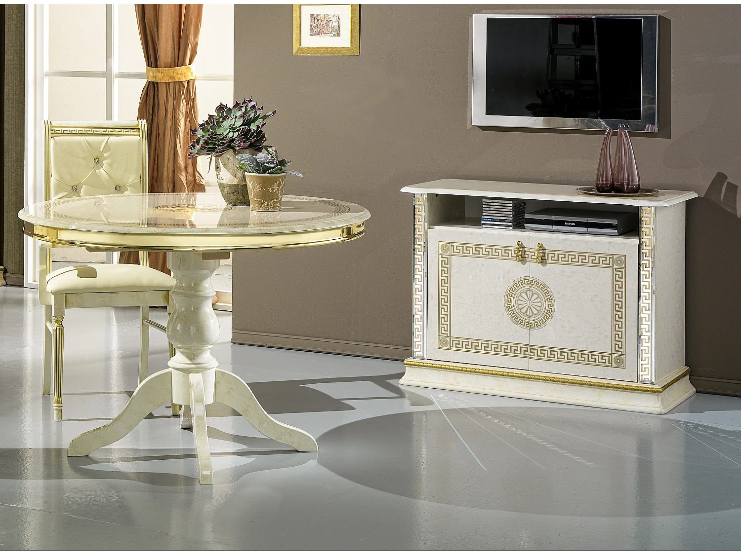 Meuble TV 2 portes 1 niche bois vernis laqué brillant beige et doré Venus 100cm