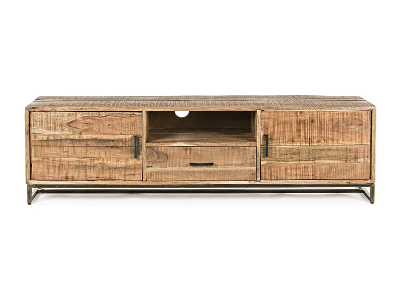 Meuble TV 2 portes 1 tiroir bois d'acacia clair et acier vieilli Kadone 175cm