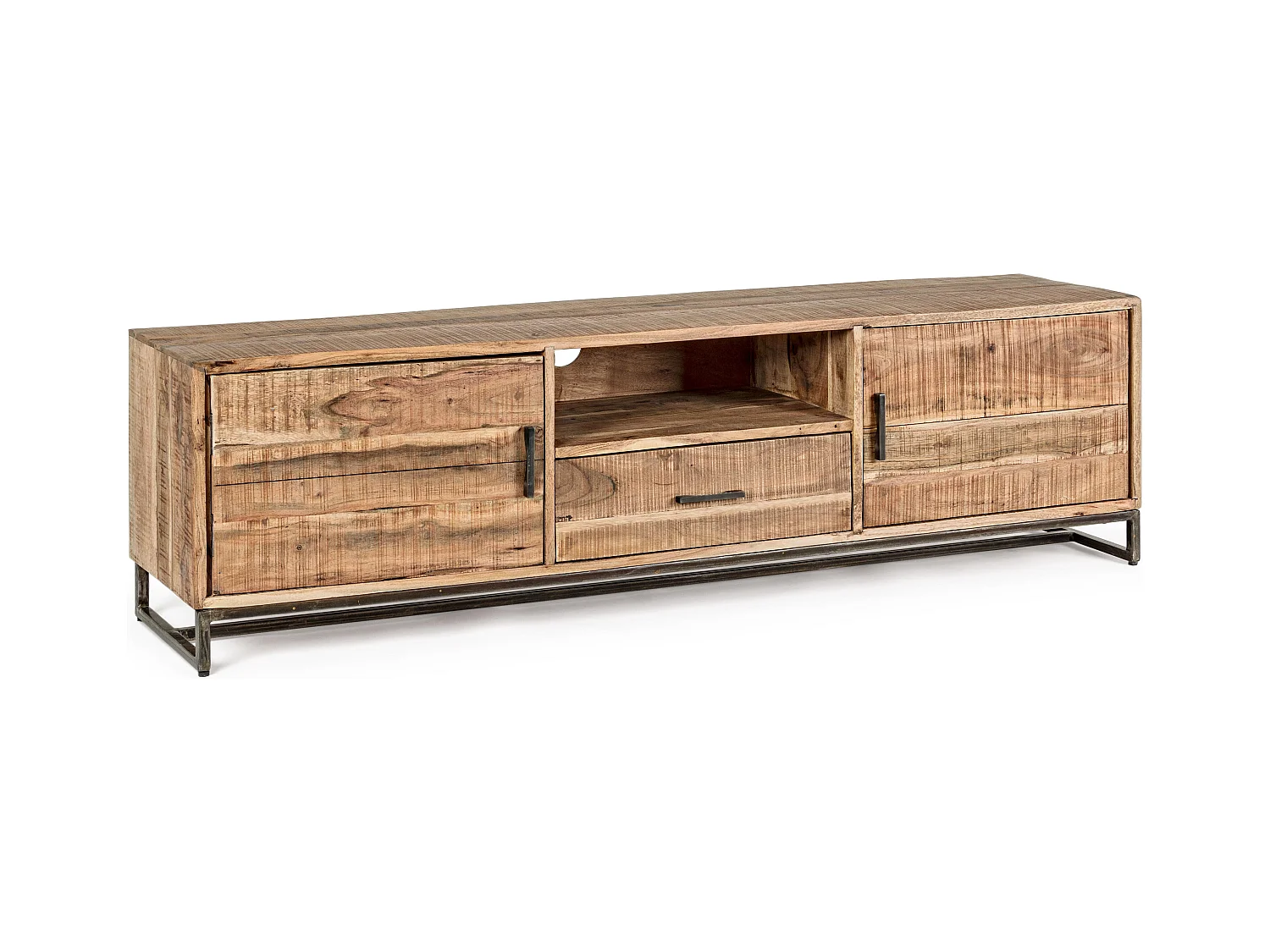 Meuble TV 2 portes 1 tiroir bois d'acacia clair et acier vieilli Kadone 175cm