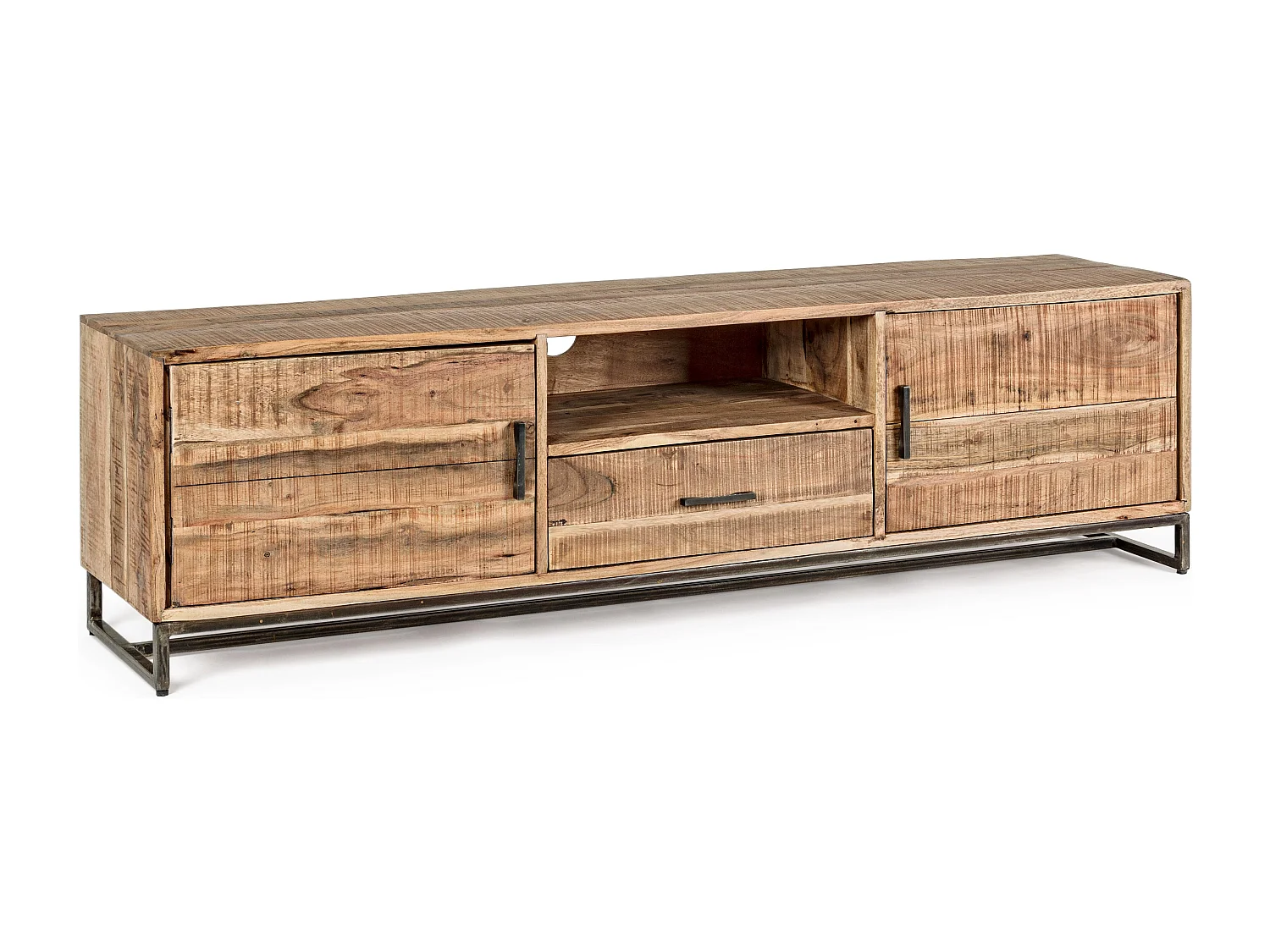 Meuble TV 2 portes 1 tiroir bois d'acacia clair et acier vieilli Kadone 175cm