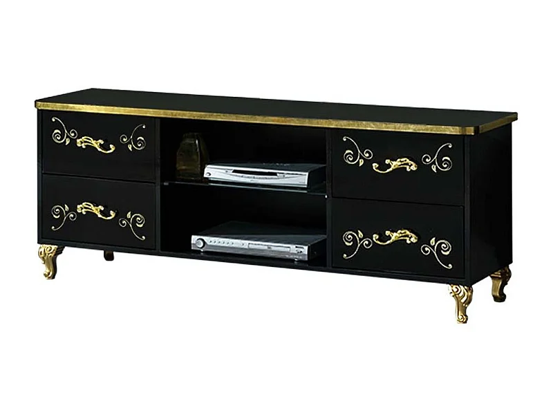 Mueble de TV de diseño Jade de 160 cm en madera barnizada en negro brillante y dorado