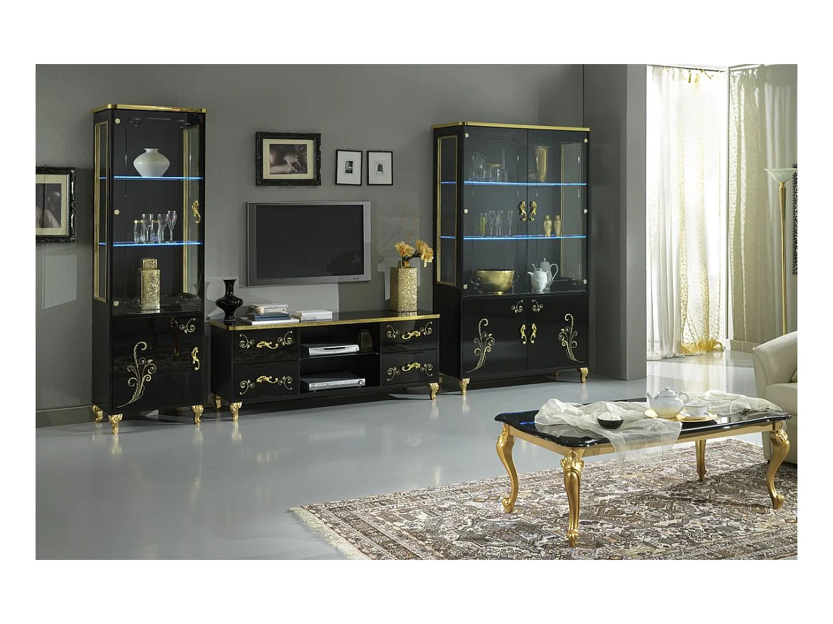 Mueble de TV de diseño Jade de 160 cm en madera barnizada en negro brillante y dorado