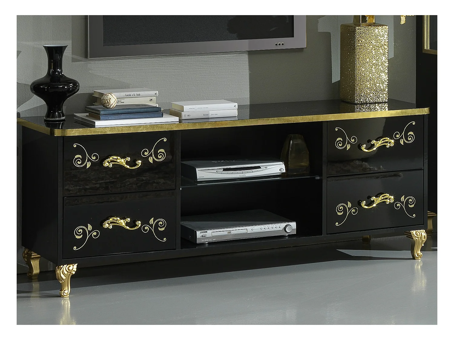 Mueble de TV de diseño Jade de 160 cm en madera barnizada en negro brillante y dorado