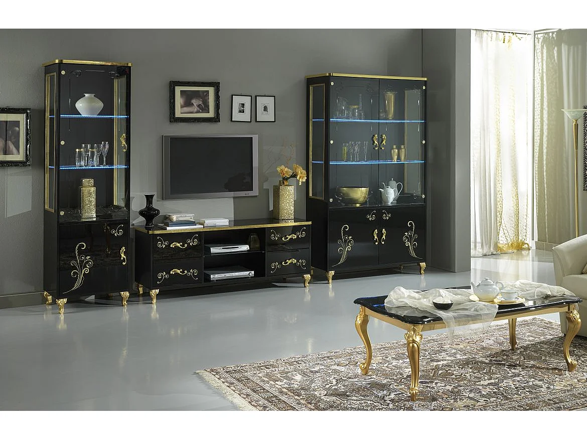 Meuble TV design bois vernis brillant noir et doré Jade 160cm