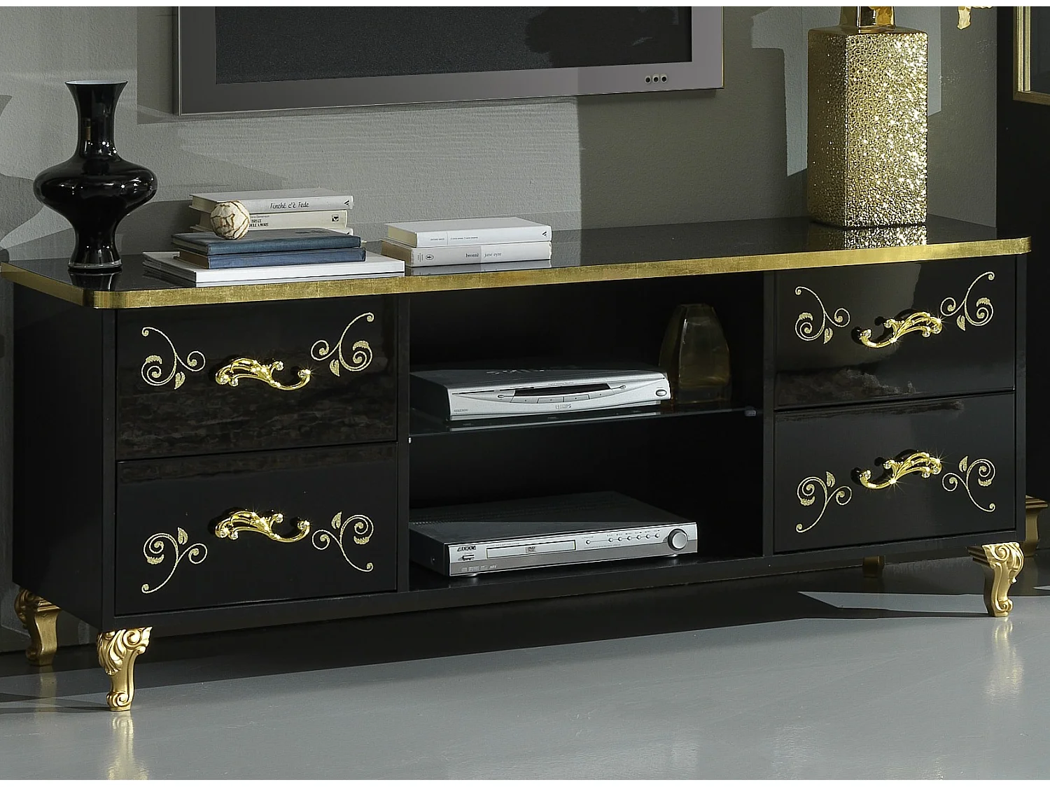 Meuble TV design bois vernis brillant noir et doré Jade 160cm