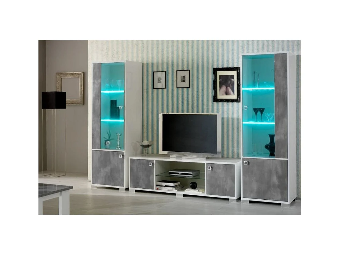 Meuble TV moderne gris béton et blanc brillant Sting 160cm
