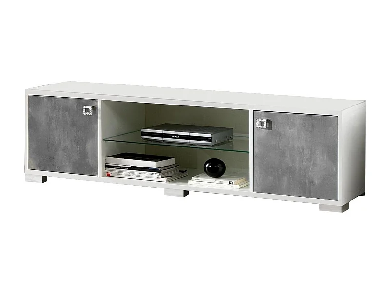 Meuble TV moderne gris béton et blanc brillant Sting 160cm