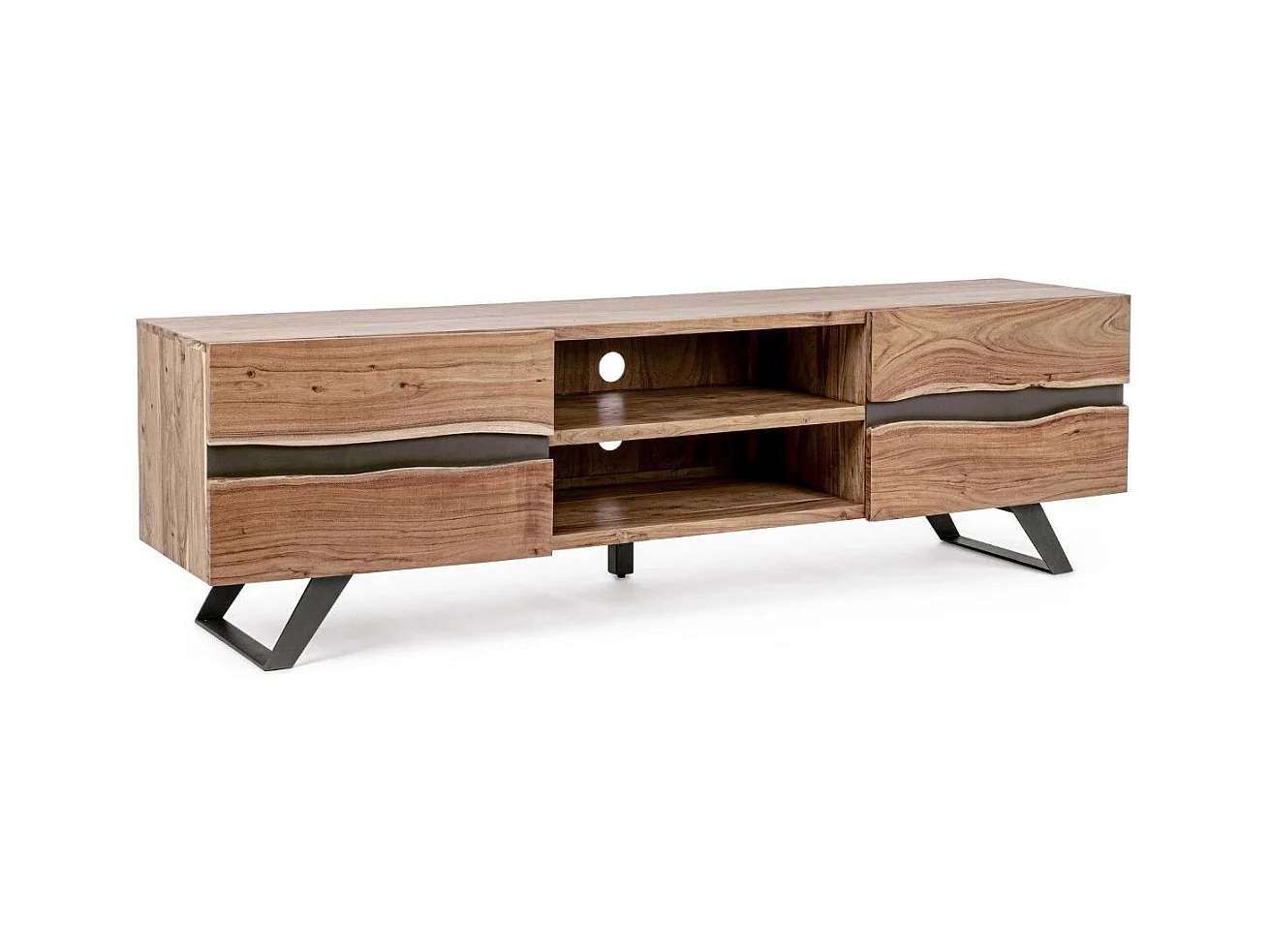 Meuble TV 2 portes bois d'acacia et pieds acier gris Denia 190cm