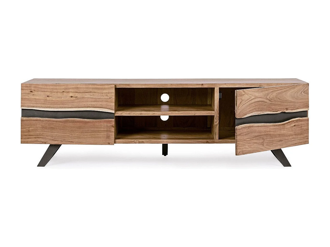 Meuble TV 2 portes bois d'acacia et pieds acier gris Denia 190cm