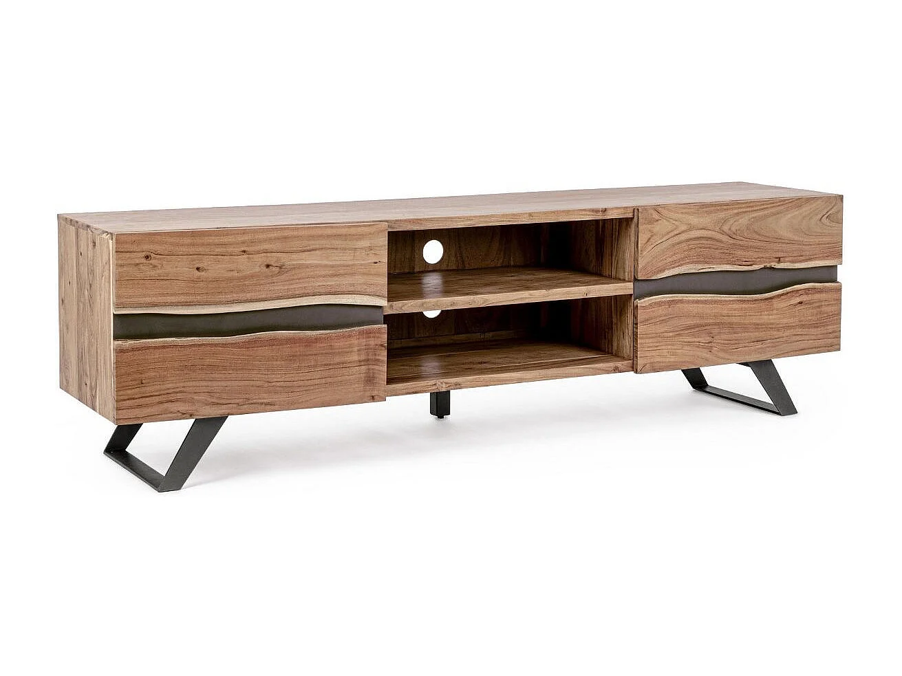 Meuble TV 2 portes bois d'acacia et pieds acier gris Denia 190cm