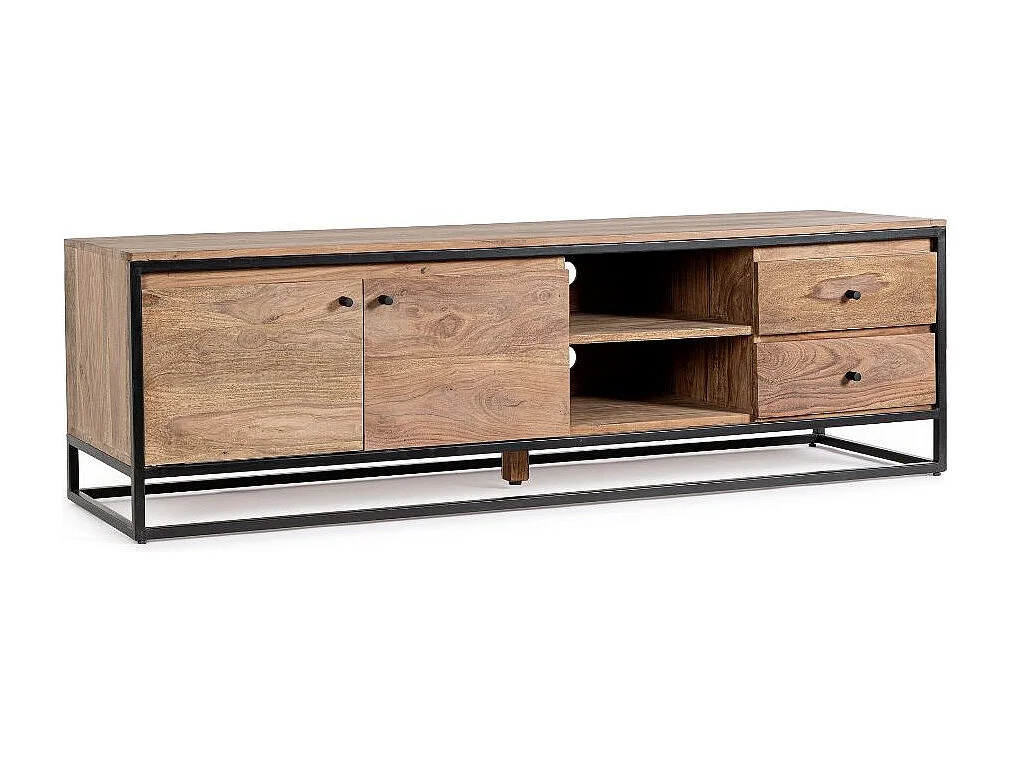 Meuble TV 2 portes 2 tiroirs KLAZIK 175cm bois clair de Sheesham et acier noir