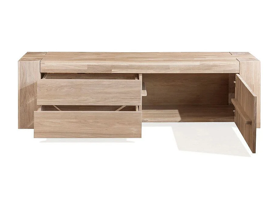 Meuble TV en chêne massif blanchi 1 porte 2 tiroirs Nordo 168cm