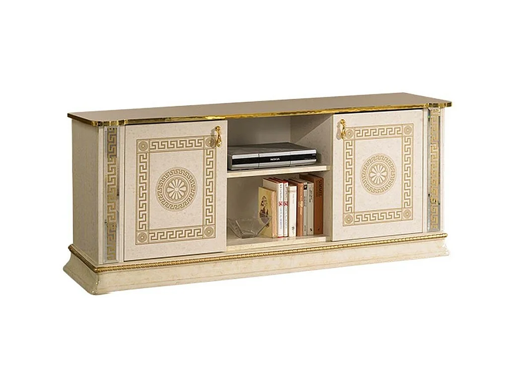 Meuble TV 2 portes 2 niches bois vernis laqué brillant beige et doré Venus 154cm