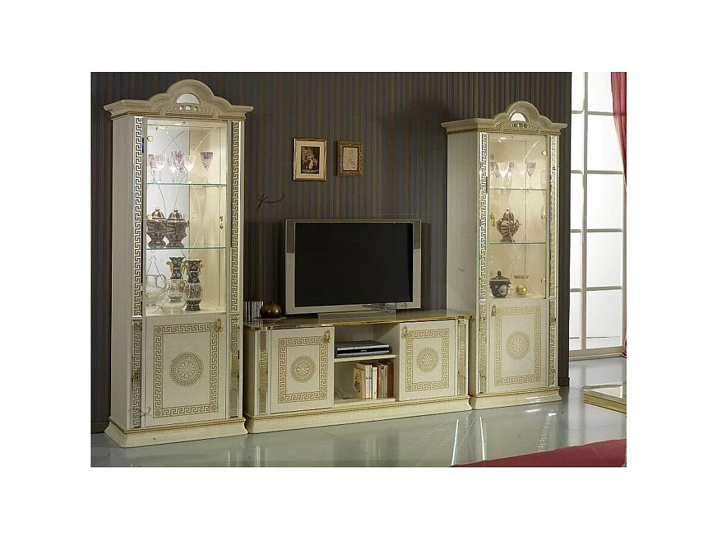 Meuble TV 2 portes 2 niches bois vernis laqué brillant beige et doré Venus 154cm