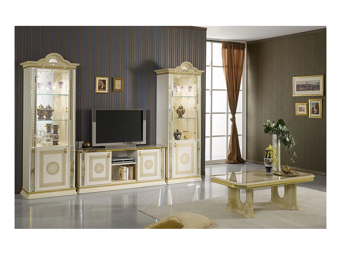 Meuble TV 2 portes 2 niches bois vernis laqué brillant beige et doré Venus 154cm