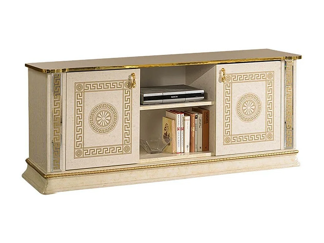 Meuble TV 2 portes 2 niches bois vernis laqué brillant beige et doré Venus 154cm