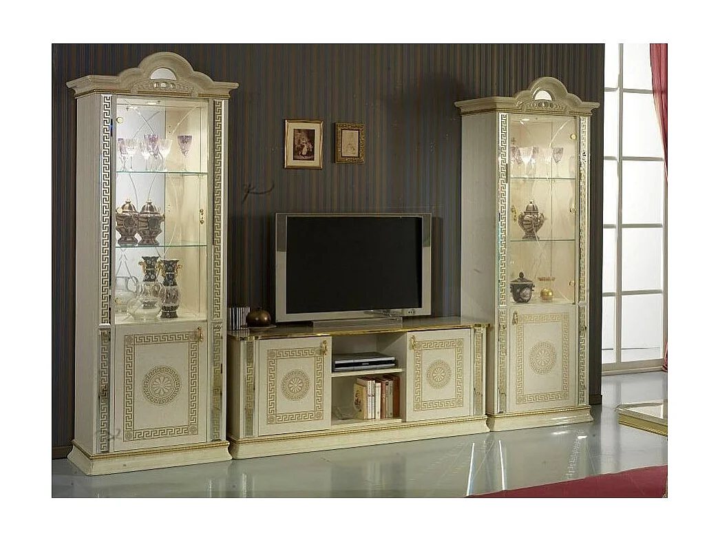 Meuble TV 2 portes 2 niches bois vernis laqué brillant beige et doré Venus 154cm
