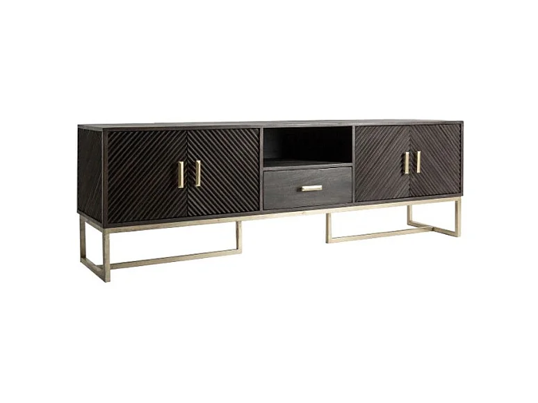 Meuble TV 4 portes 1 tiroir art déco bois massif marron et métal doré Jamie 200cm