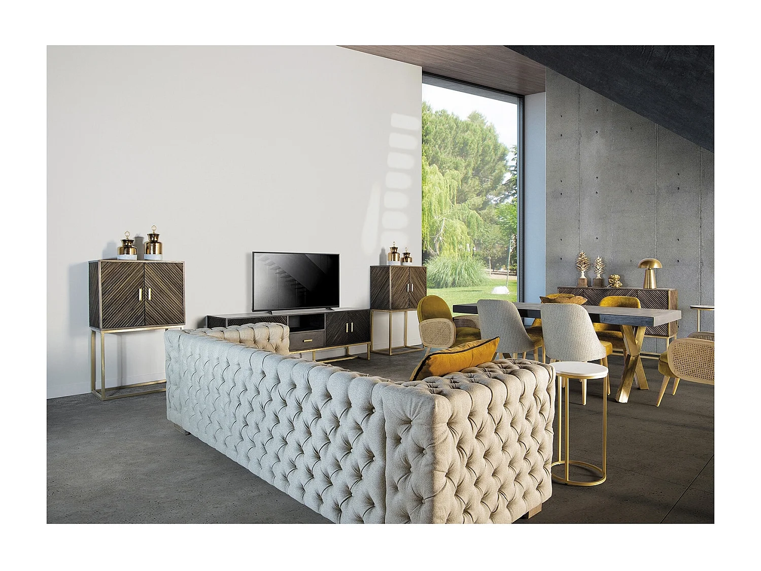 Meuble TV 4 portes 1 tiroir art déco bois massif marron et métal doré Jamie 200cm