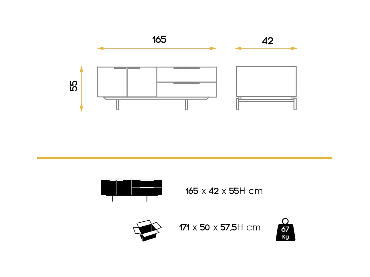 Mueble TV moderno 4 puertas nogal con patas de acero negro kalia 165 cm