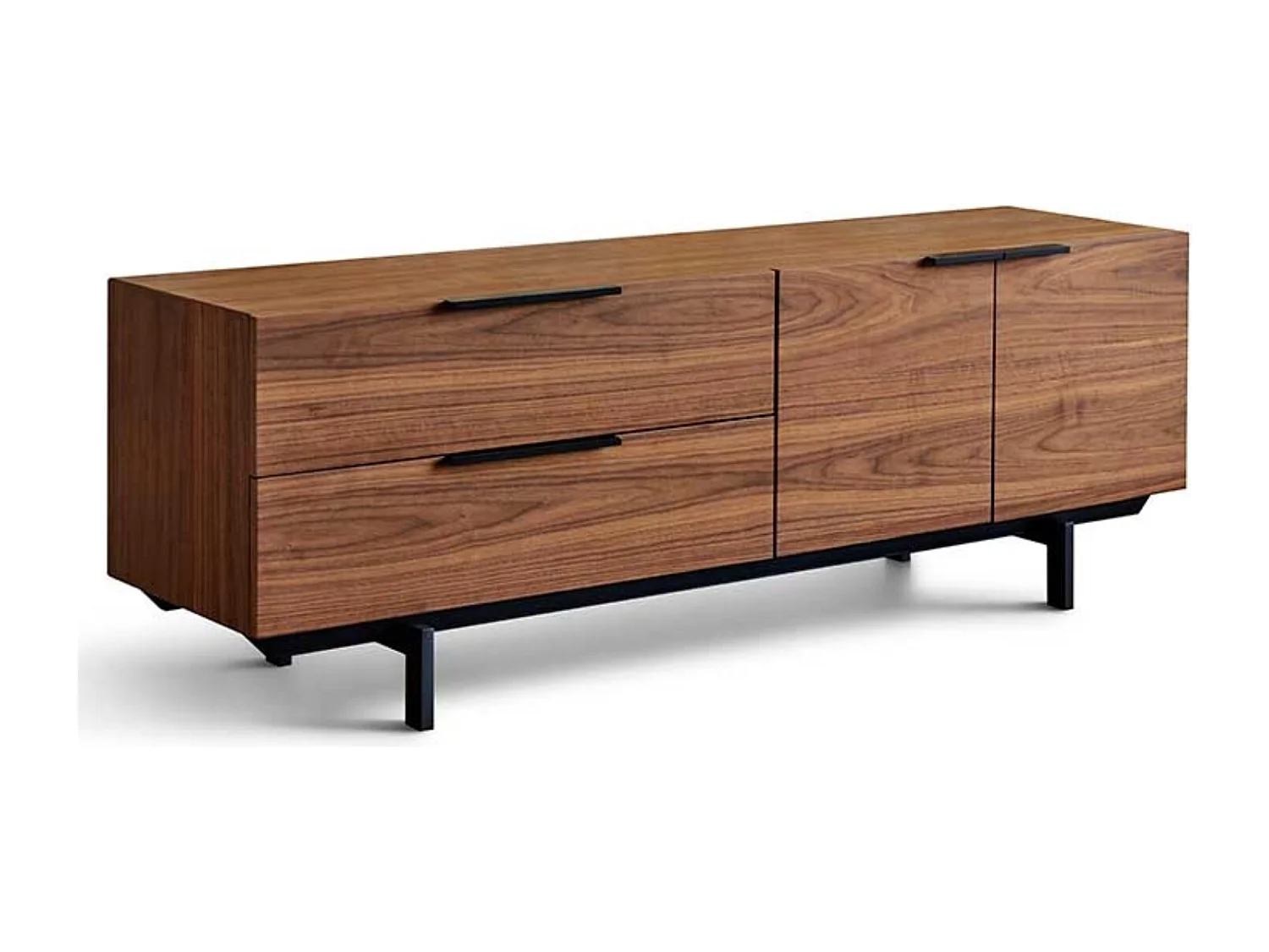 Meuble TV moderne 4 portes noyer et pieds acier noir kalia 165cm