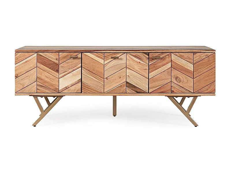 Meuble TV 3 portes bois d'acacia et pieds acier doré mat Dinka130cm