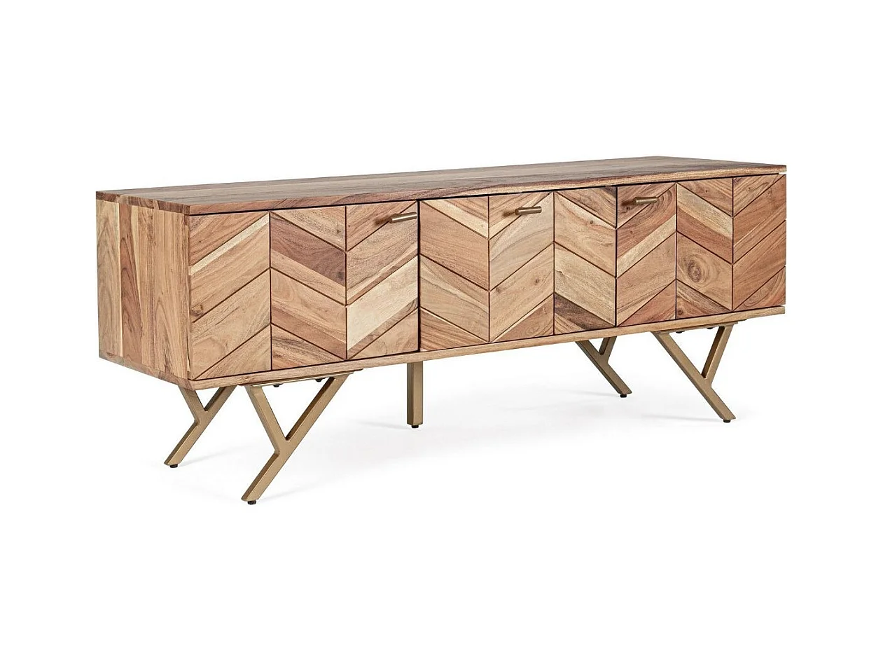 Meuble TV 3 portes bois d'acacia et pieds acier doré mat Dinka130cm