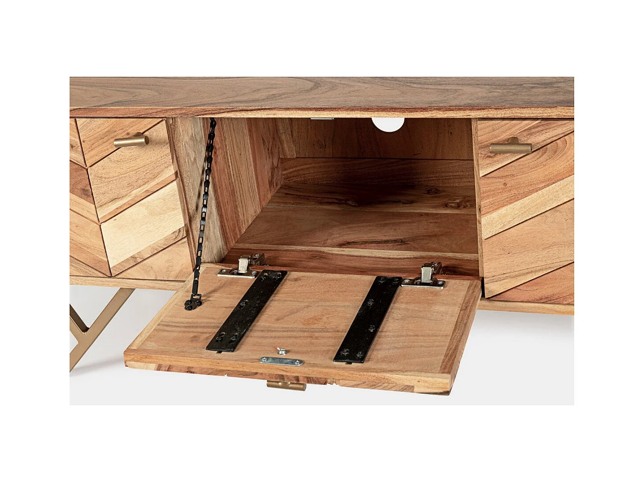 Meuble TV 3 portes bois d'acacia et pieds acier doré mat Dinka130cm