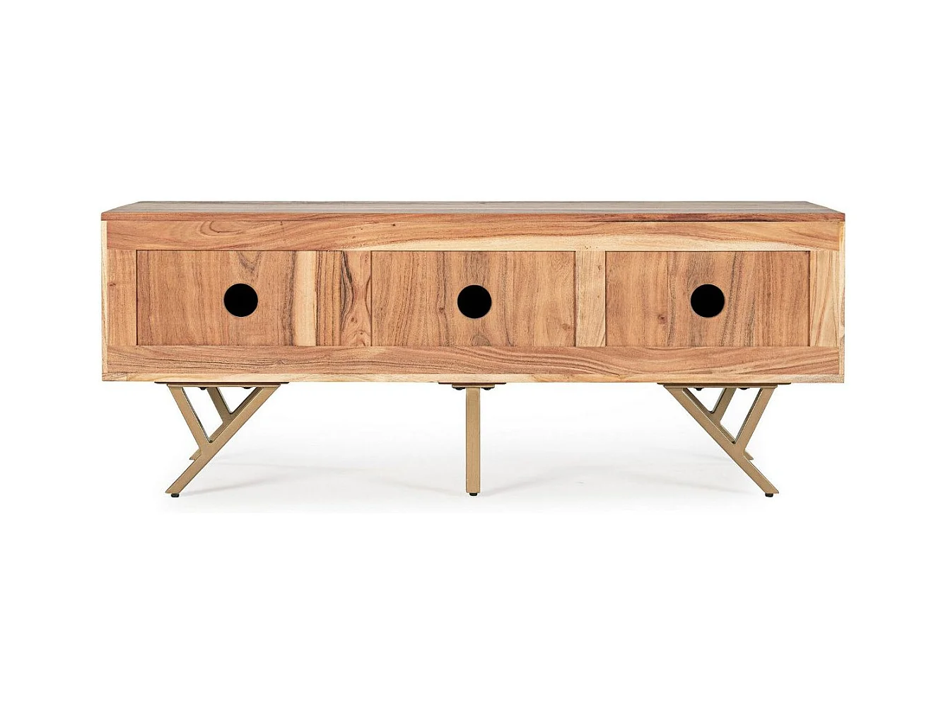 Meuble TV 3 portes bois d'acacia et pieds acier doré mat Dinka130cm