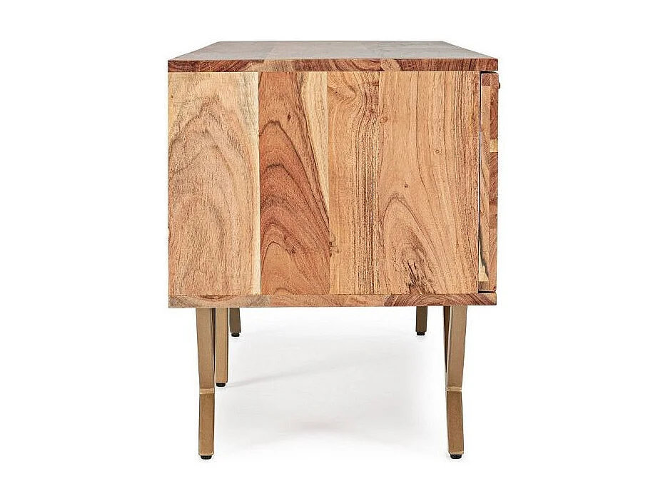 Meuble TV 3 portes bois d'acacia et pieds acier doré mat Dinka130cm