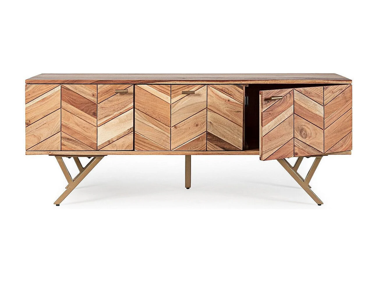 Meuble TV 3 portes bois d'acacia et pieds acier doré mat Dinka130cm