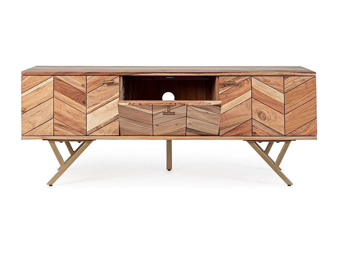 Meuble TV 3 portes bois d'acacia et pieds acier doré mat Dinka130cm