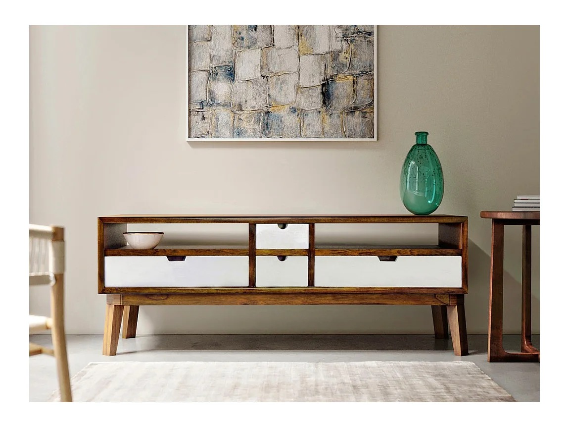 Meuble bas 4 tiroirs et 2 niches bois massif de mindi Kretos 140cm