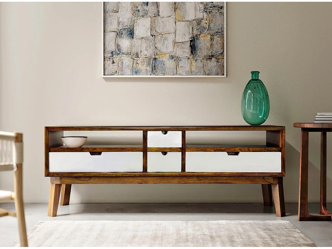 Meuble bas 4 tiroirs et 2 niches bois massif de mindi Kretos 140cm