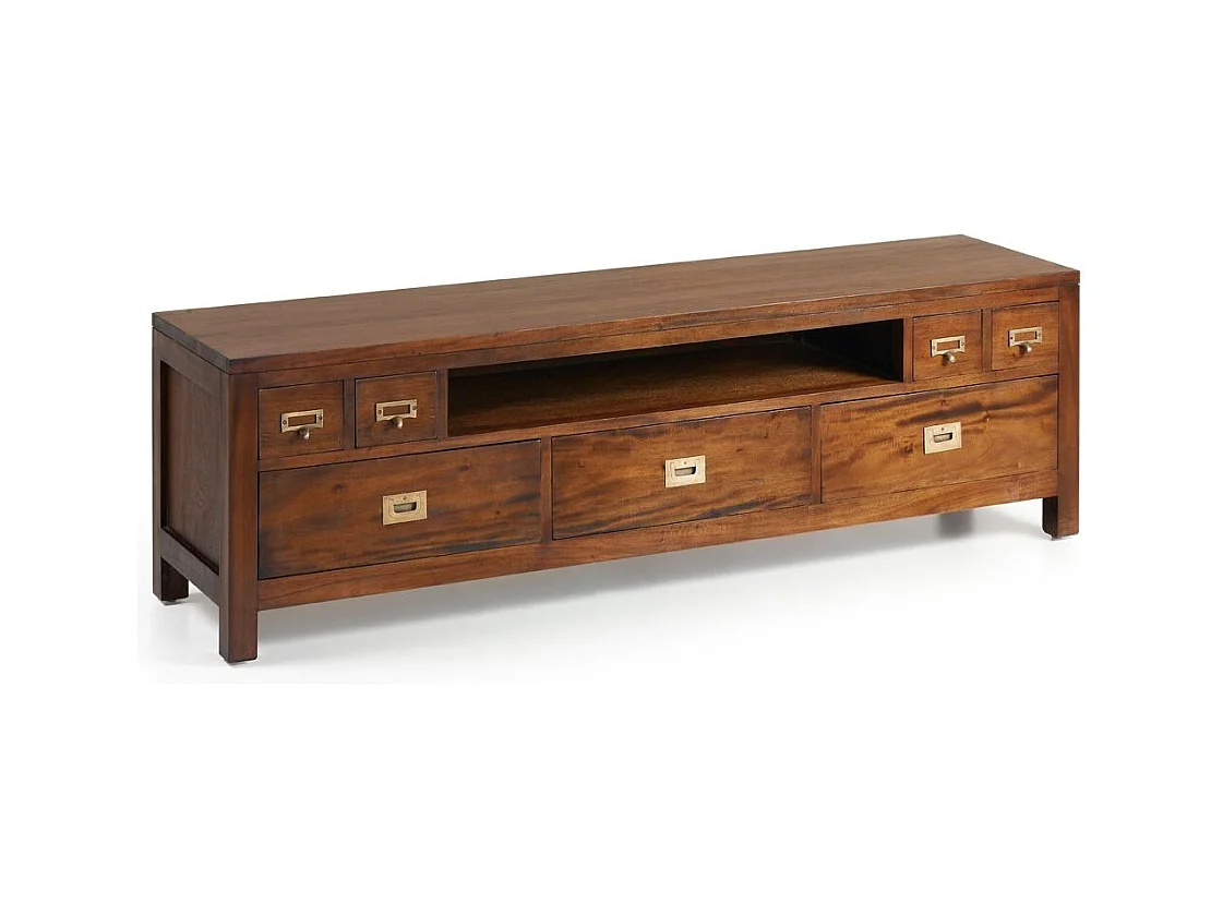 Meuble TV en bois d'acajou massif 1 niche 7 tiroirs FALKANE 160cm