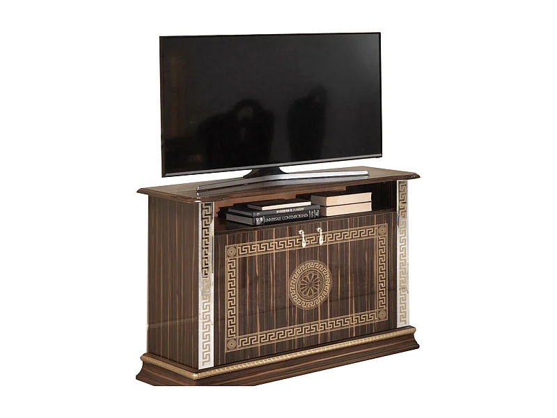 Meuble TV 2 portes 1 niche bois vernis laqué brillant marron et doré Venus 100cm