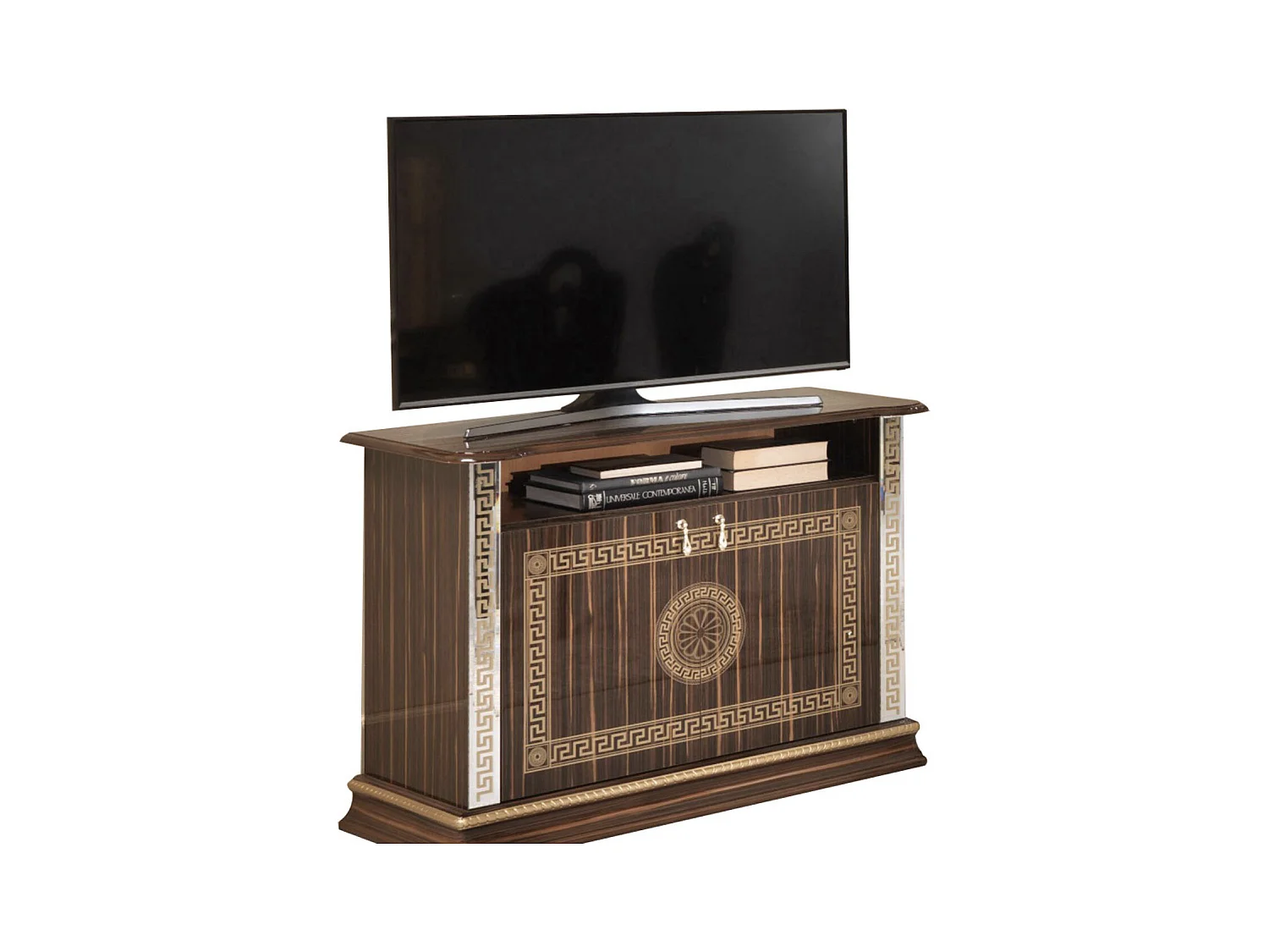 Meuble TV 2 portes 1 niche bois vernis laqué brillant marron et doré Venus 100cm
