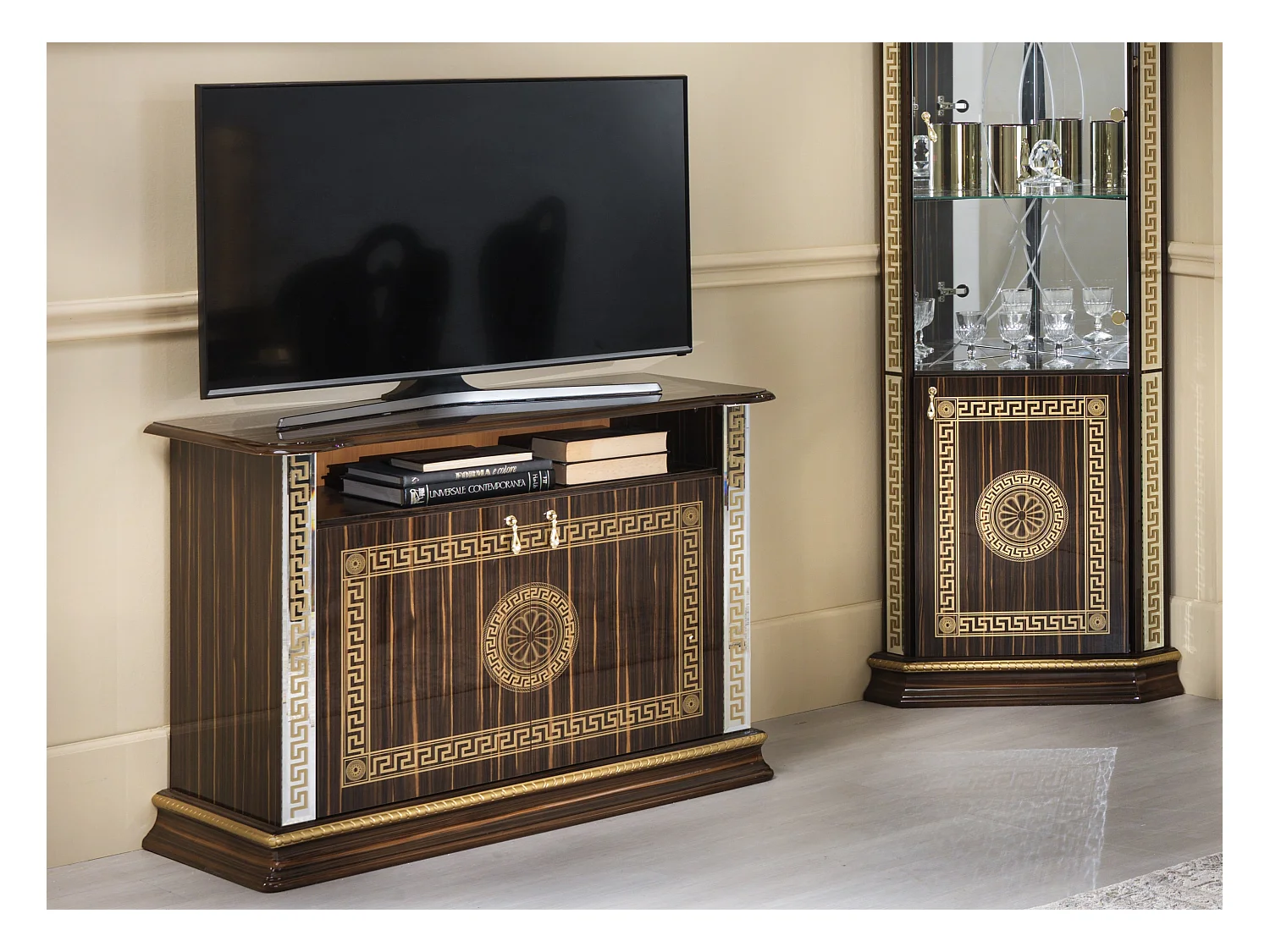 Meuble TV 2 portes 1 niche bois vernis laqué brillant marron et doré Venus 100cm