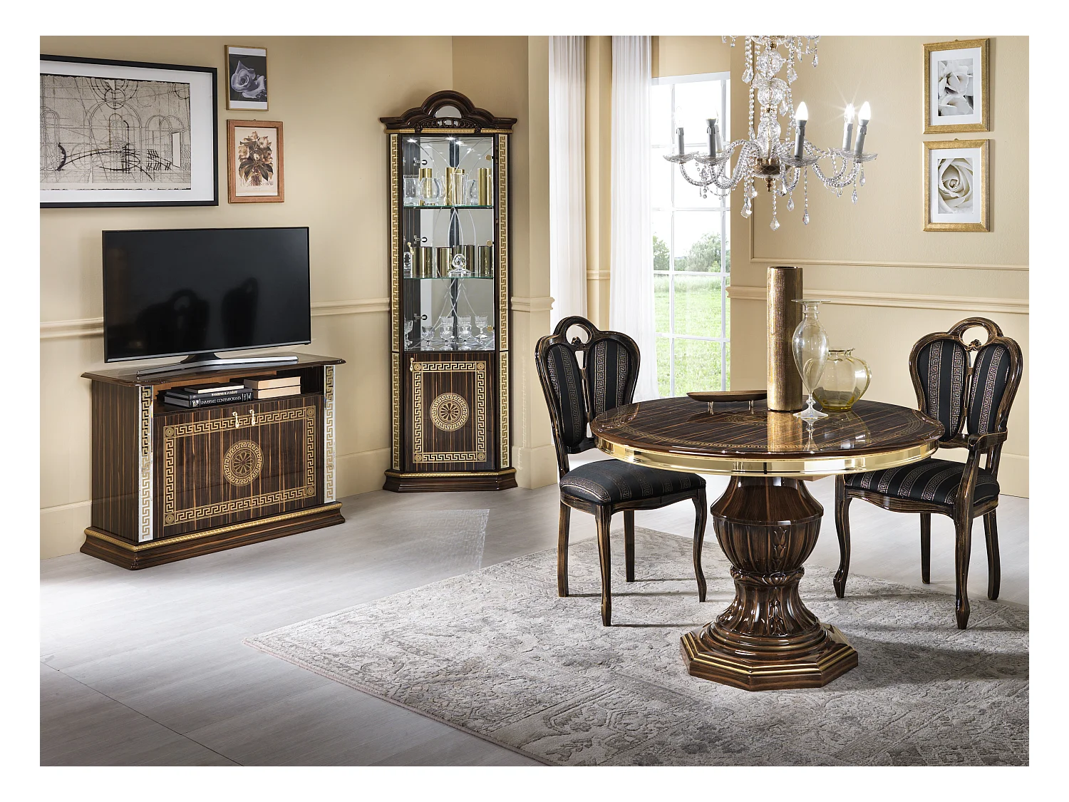 Meuble TV 2 portes 1 niche bois vernis laqué brillant marron et doré Venus 100cm