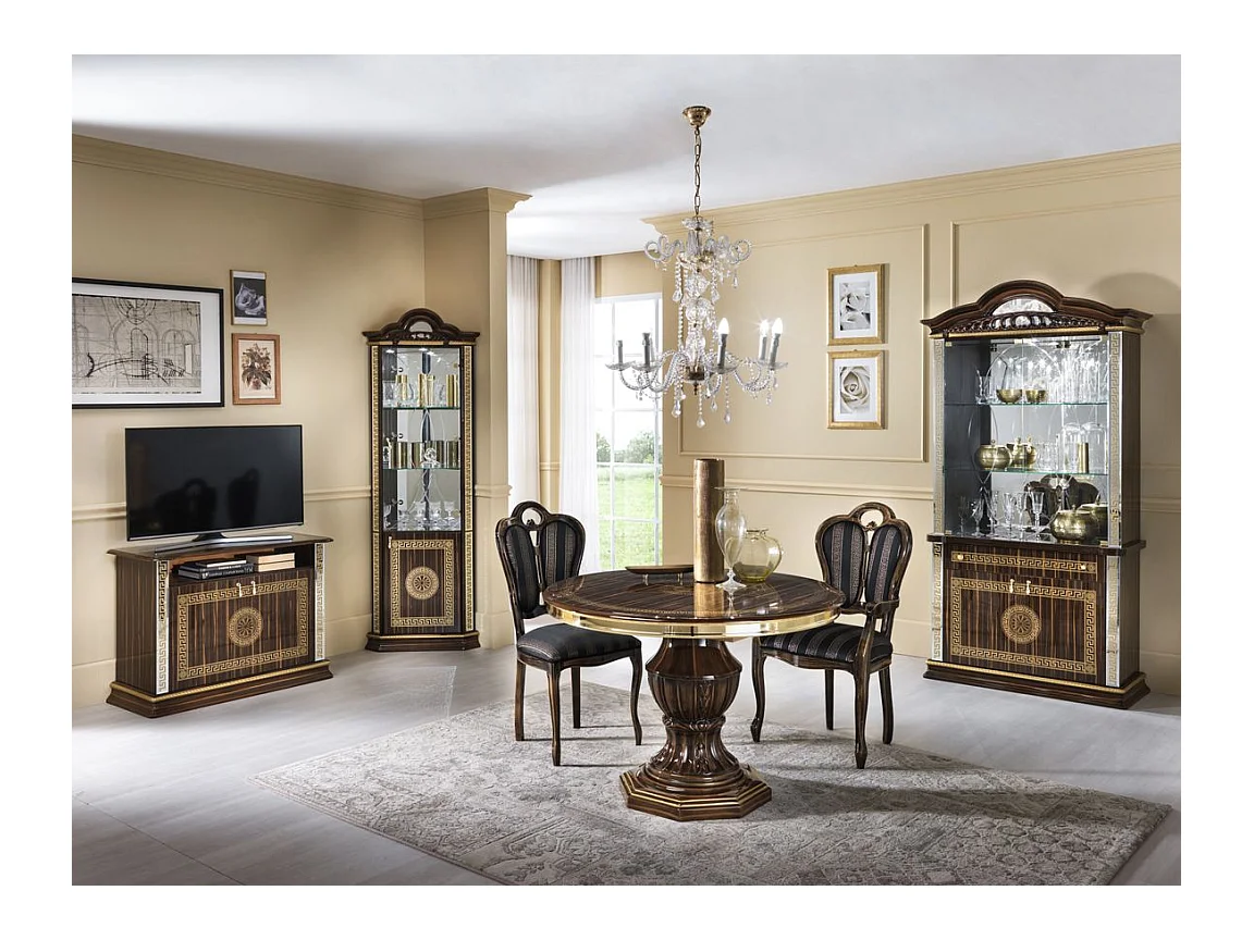 Meuble TV 2 portes 1 niche bois vernis laqué brillant marron et doré Venus 100cm