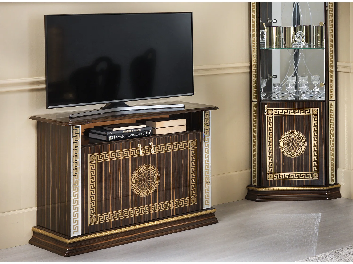 Meuble TV 2 portes 1 niche bois vernis laqué brillant marron et doré Venus 100cm